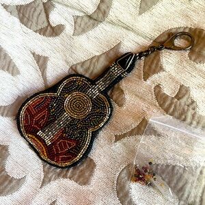 MARY FRANCES Beaded Guitar Coin Purse with Key Ring